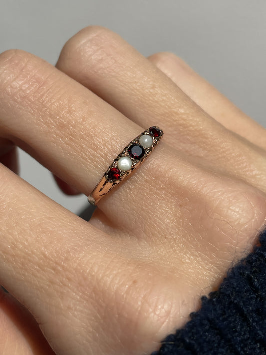 Vintage garnet and seed pearl boat ring on 9ct gold