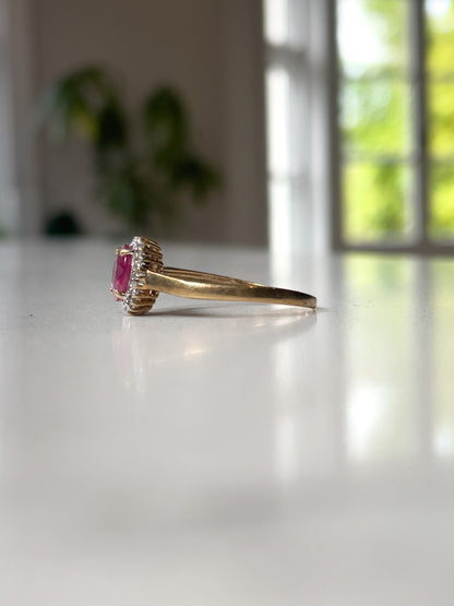 Vintage ruby and diamond halo cluster ring on 9ct gold