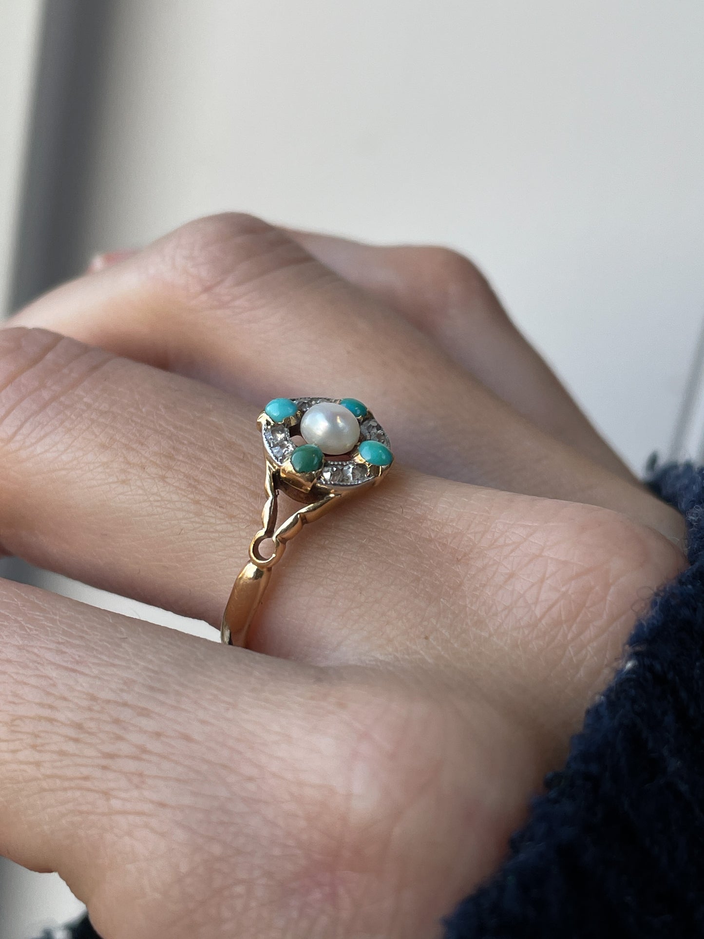 Antique turquoise pearl and diamond target cluster ring