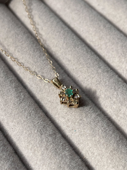 9ct Emerald and diamond cluster necklace and chain