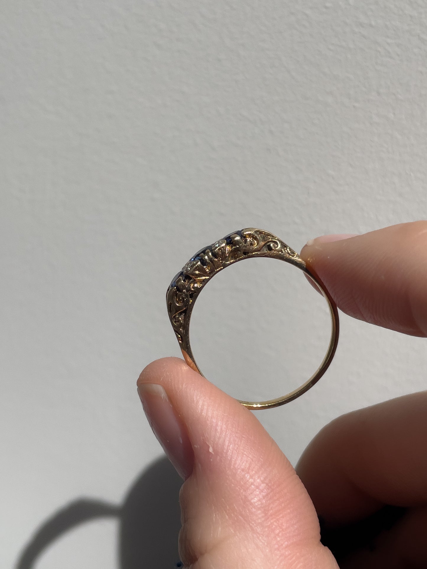 Vintage sapphire and diamond boat ring on 9ct gold