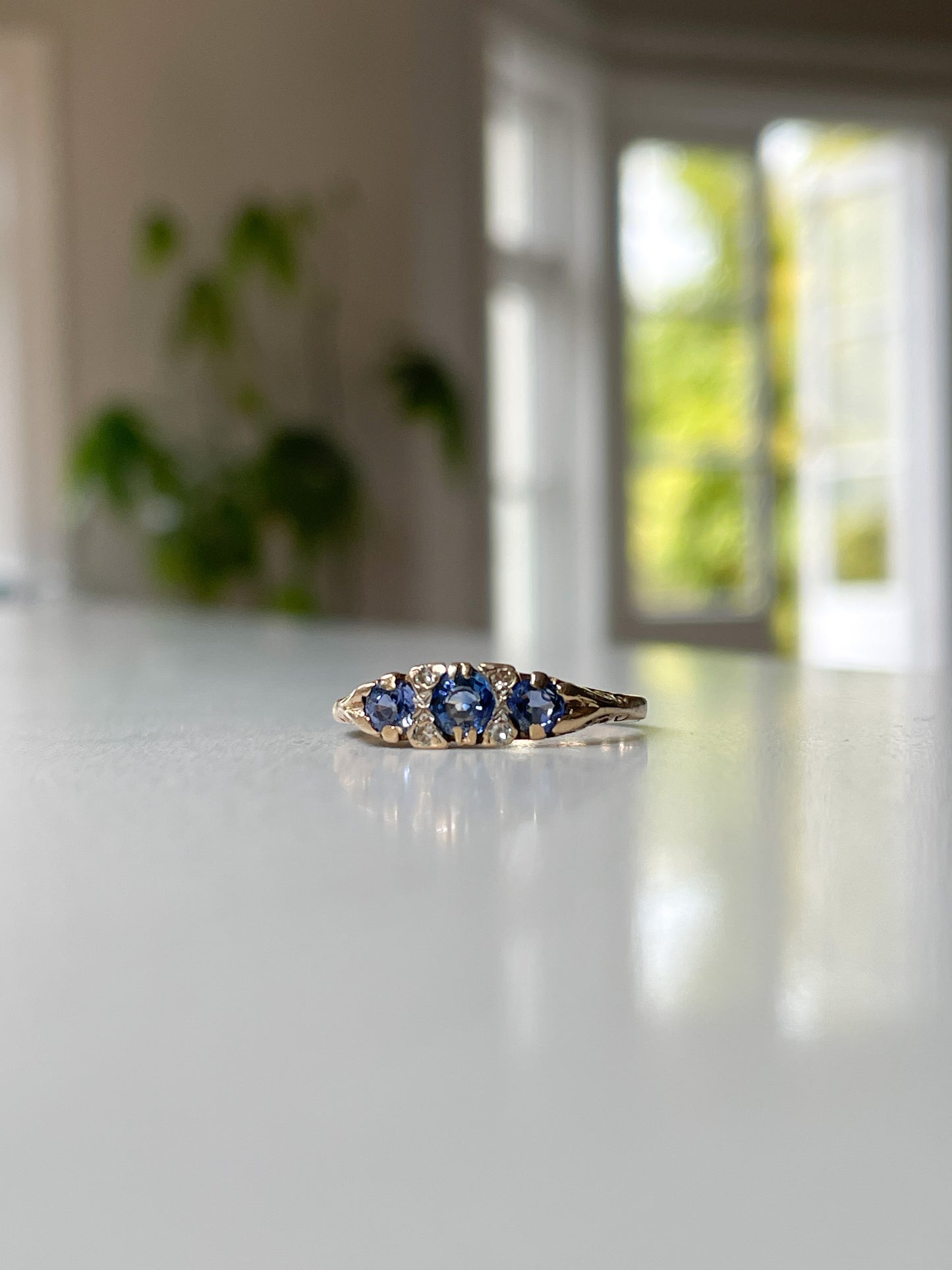 Vintage sapphire and diamond boat ring on 9ct gold