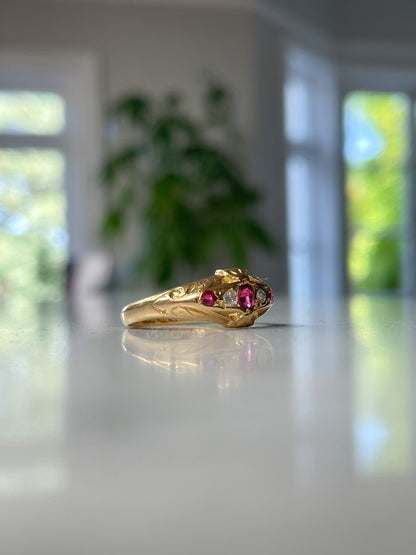 Antique ruby and diamond boat ring on 18ct gold