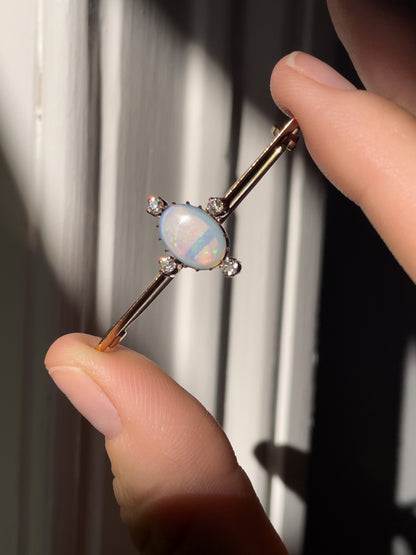 Vintage opal and diamond bar brooch on 9ct gold