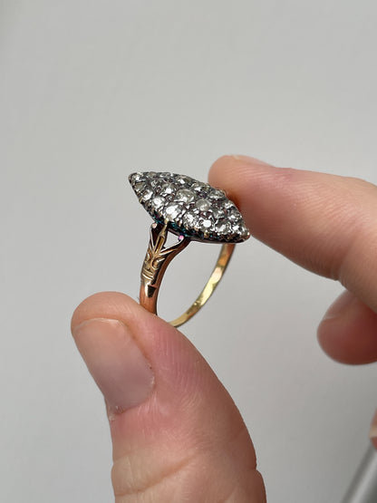 Victorian hand made Navette diamond cluster ring with .63ct diamonds