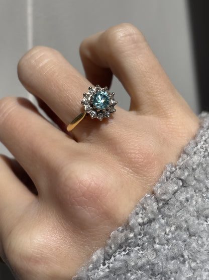 Vintage blue zircon and diamond daisy cluster ring on 18ct gold (with valuation for £1,900)