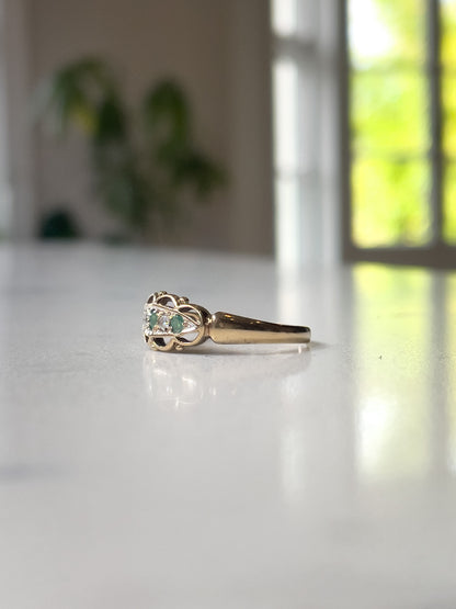 Vintage emerald and diamond boat ring on 9ct gold