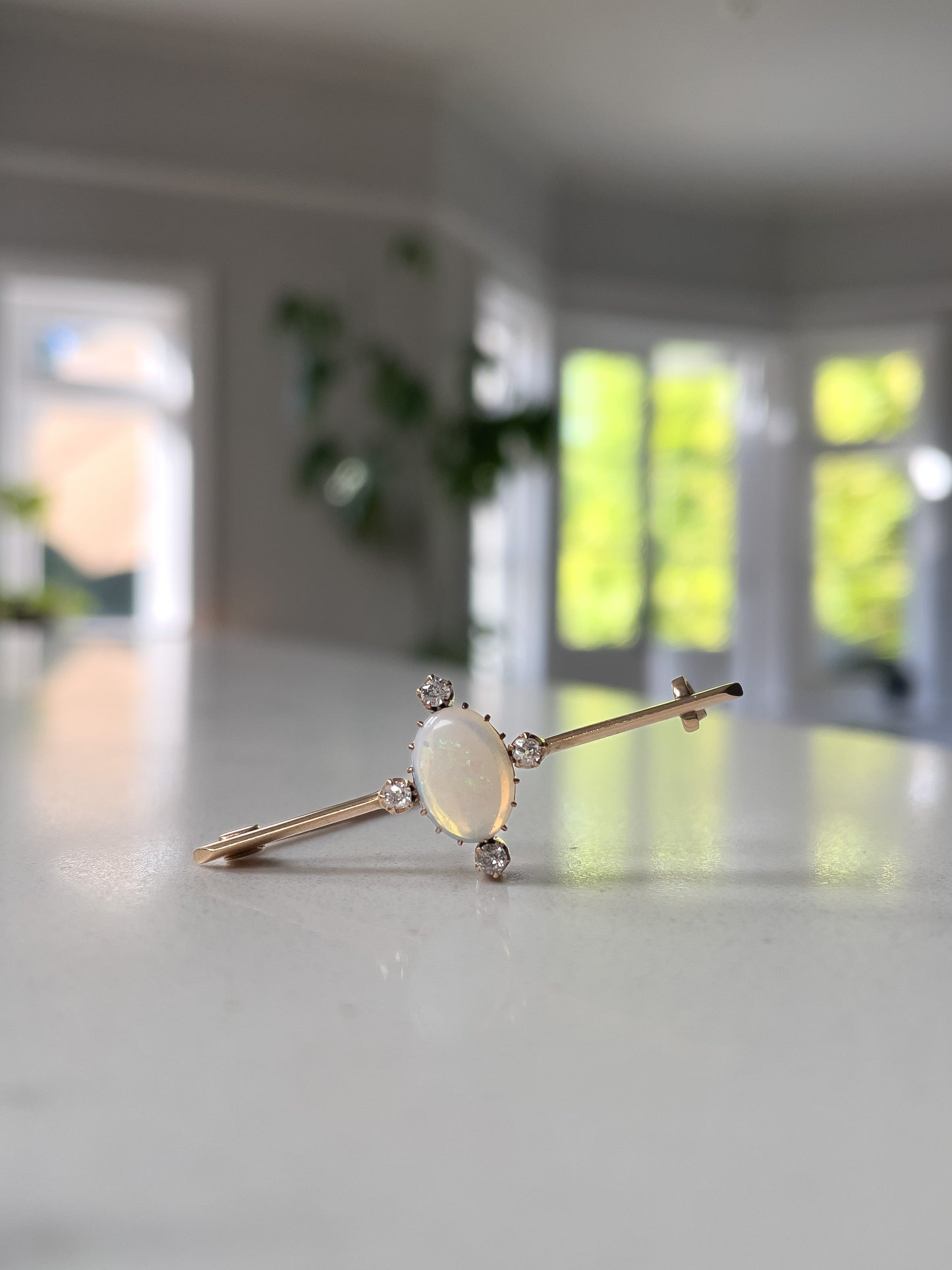Vintage opal and diamond bar brooch on 9ct gold