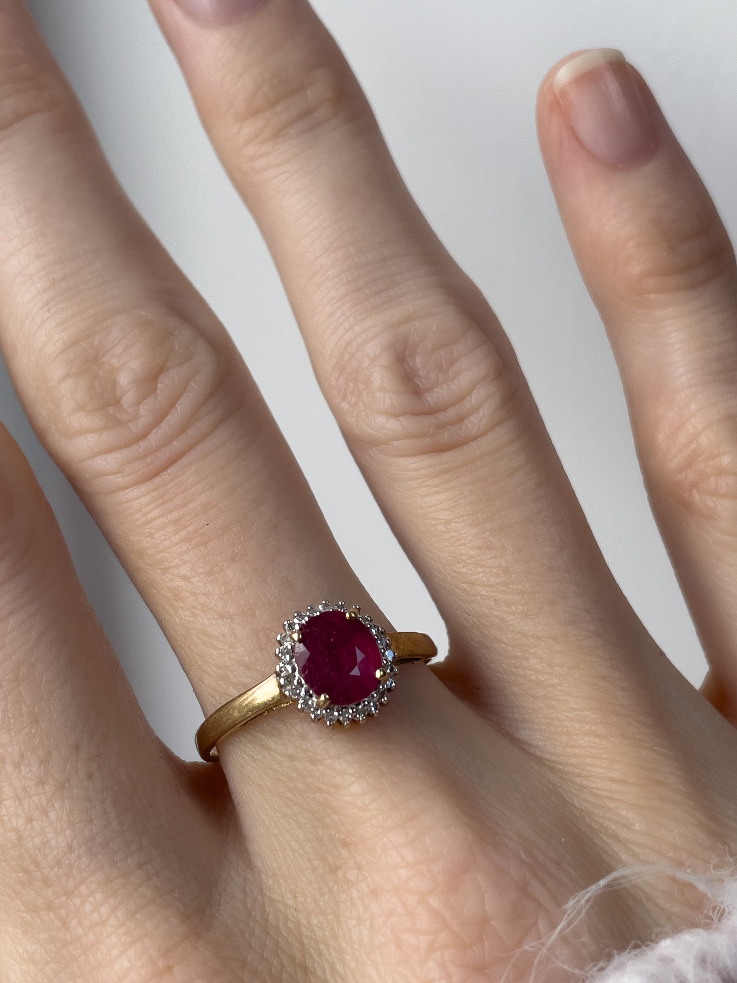 Vintage ruby and diamond halo cluster ring on 9ct gold