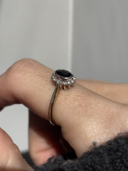Vintage sapphire and diamond halo cluster ring on 9ct gold