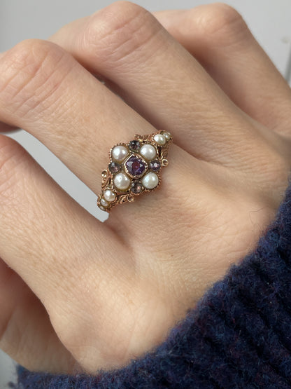 Antique seed pearl and amethyst ring on 9ct rose gold