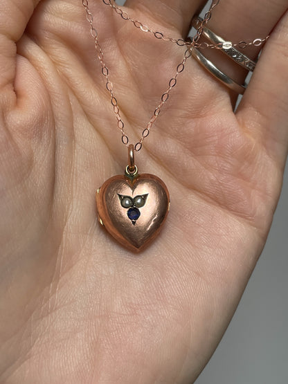 Antique pearl and sapphire heart locket with chain, on 9ct rose gold
