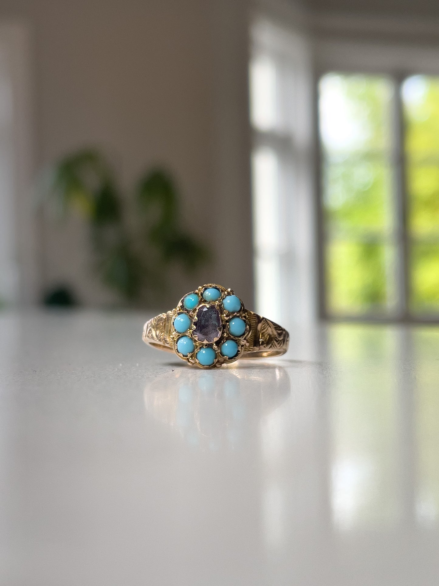 Antique Georgian turquoise and diamond ring on 9ct gold