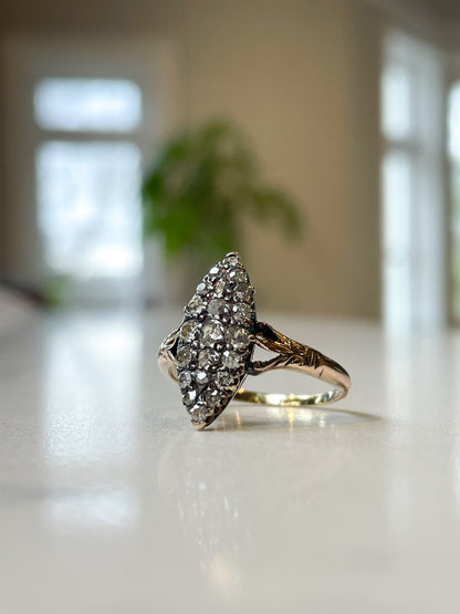 Victorian hand made Navette diamond cluster ring with .63ct diamonds