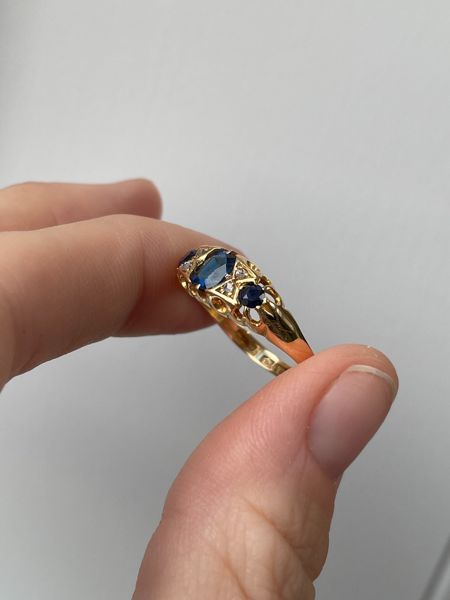 Antique sapphire and diamond boat ring dating to 1911