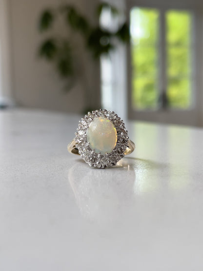 Vintage opal and diamond halo cluster ring on 18ct gold