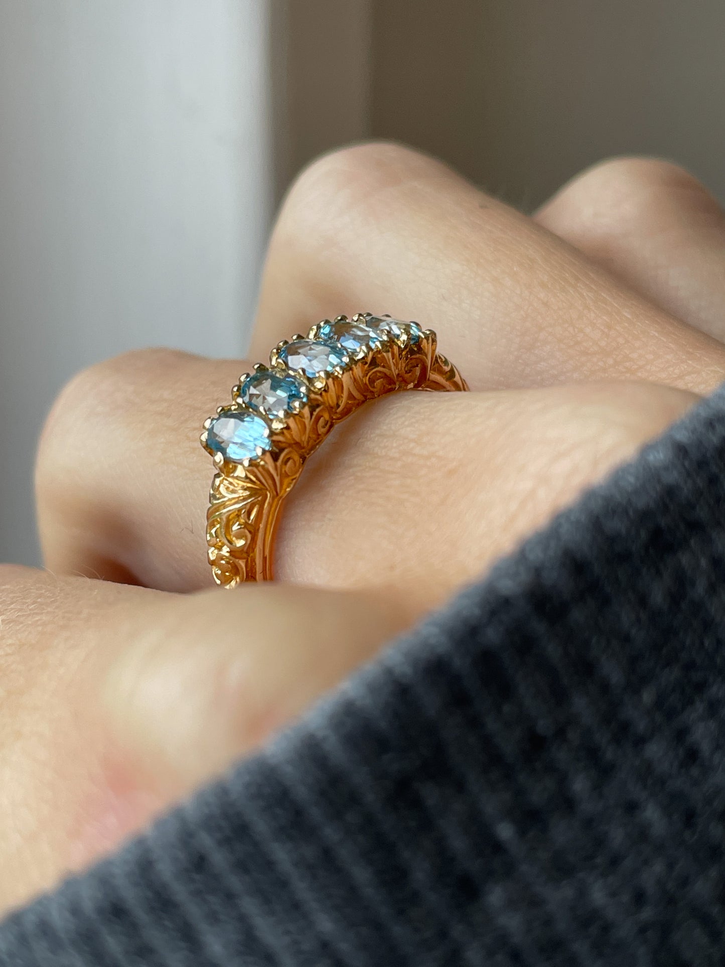 Vintage blue topaz half hoop ring on 9ct gold