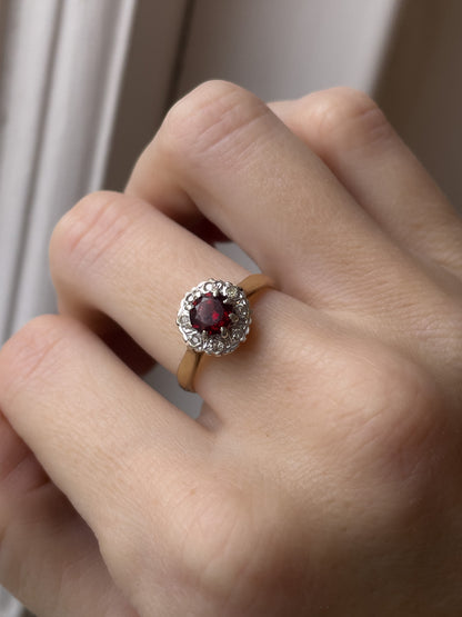 Vintage 1970s garnet and diamond halo cluster ring on 9ct gold