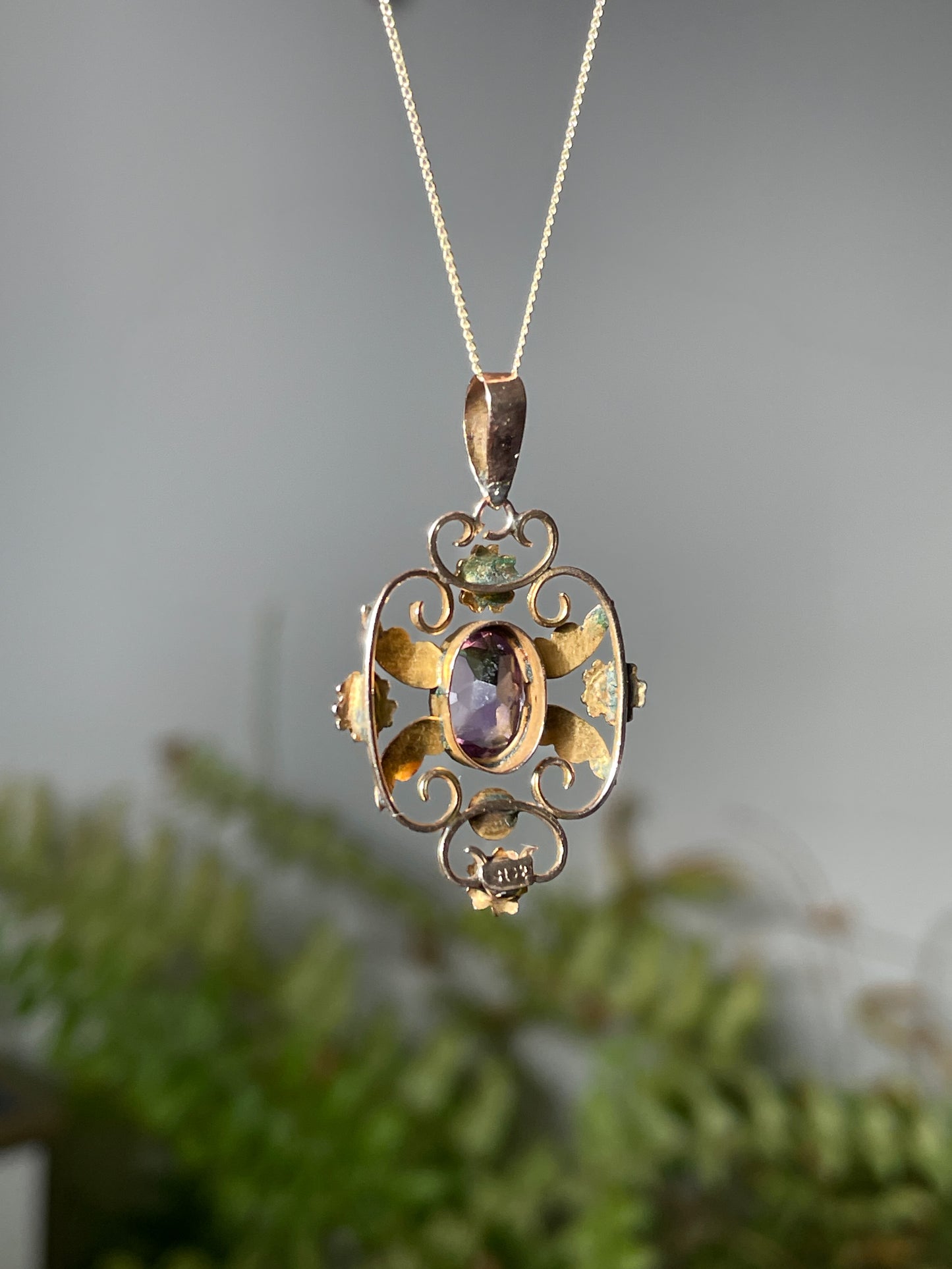 Victorian amethyst and seed pearl pendant with 9ct gold chain