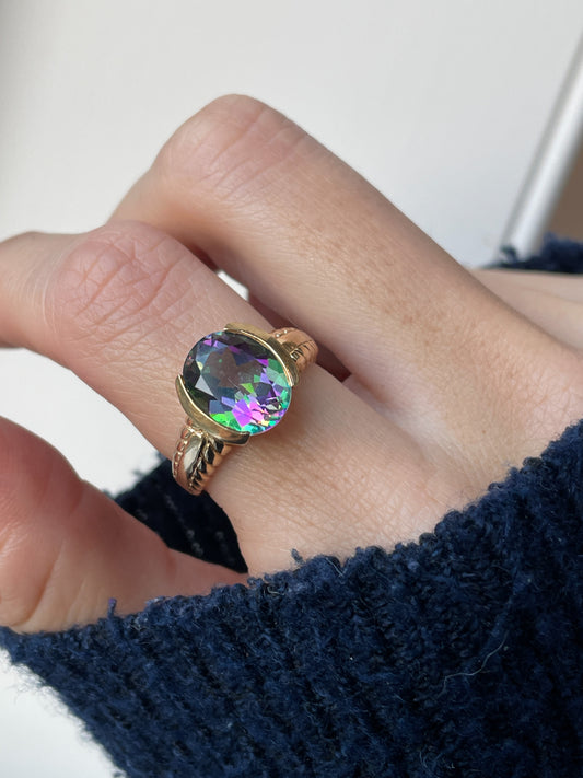 Chunky mystic topaz ring on 9ct gold