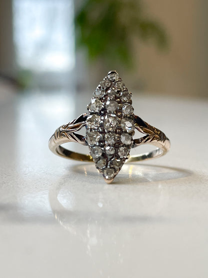 Victorian hand made Navette diamond cluster ring with .63ct diamonds