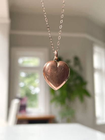 Antique pearl and sapphire heart locket with chain, on 9ct rose gold