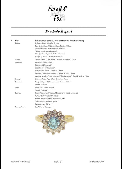 Vintage blue zircon and diamond daisy cluster ring on 18ct gold (with valuation for £1,900)