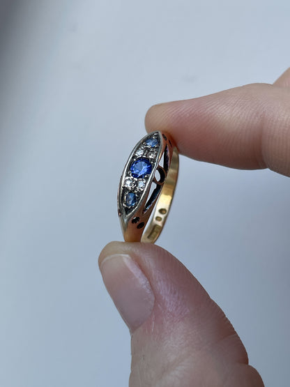 Antique 18ct gold sapphire and diamond boat ring - early 20th century
