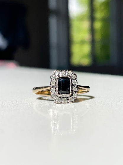 Vintage sapphire and diamond picture frame style ring