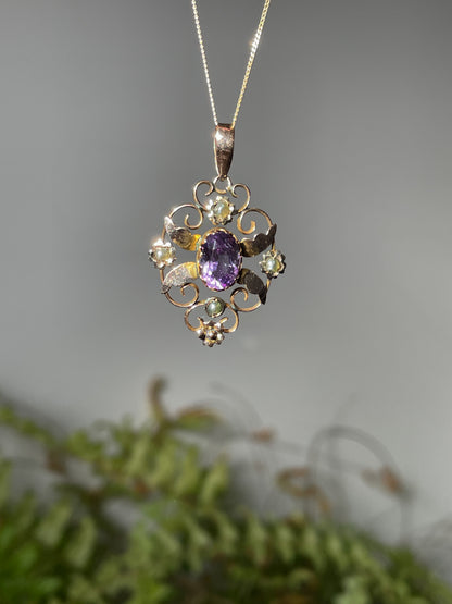 Victorian amethyst and seed pearl pendant with 9ct gold chain