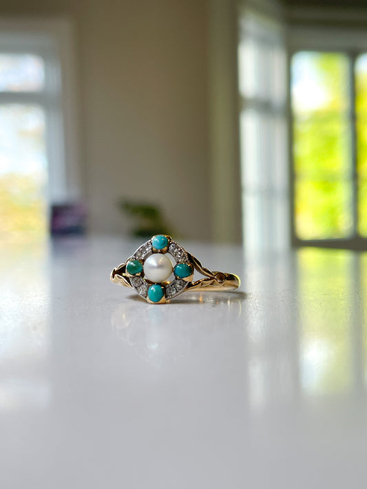 Antique turquoise pearl and diamond target cluster ring
