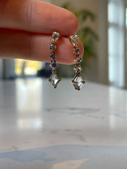 Vintage aquamarine and tanzanite drop earrings on 9ct gold