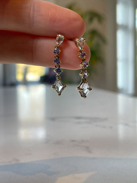 Vintage aquamarine and tanzanite drop earrings on 9ct gold