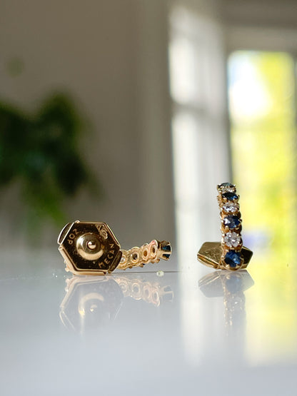 Vintage French sapphire and diamond half hoop earrings on 18ct gold