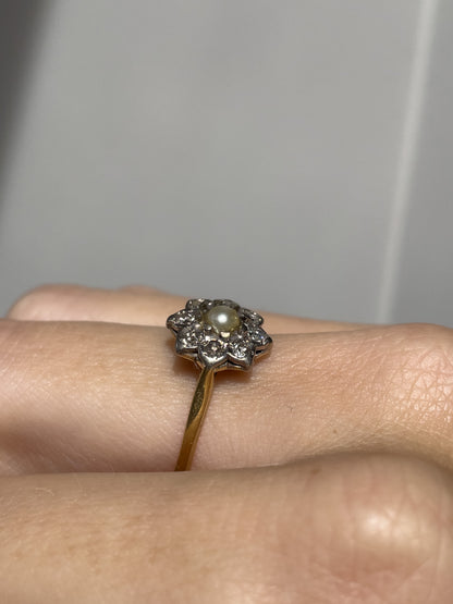 Vintage pearl and diamond flower ring on 18ct gold and platinum