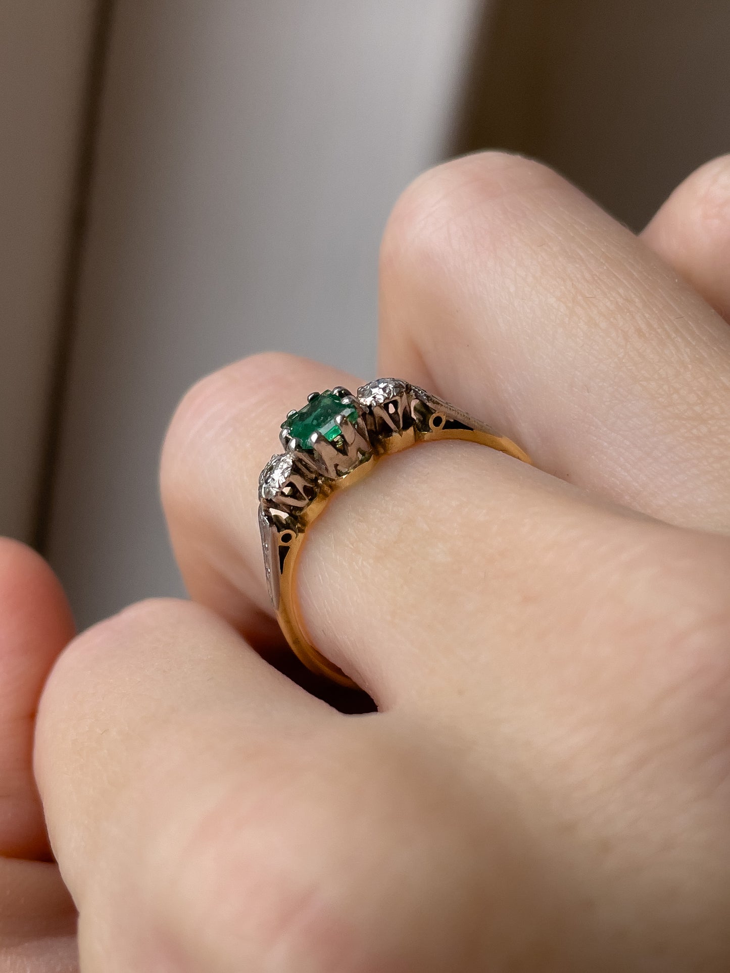 Vintage emerald and diamond trilogy ring on 18ct gold