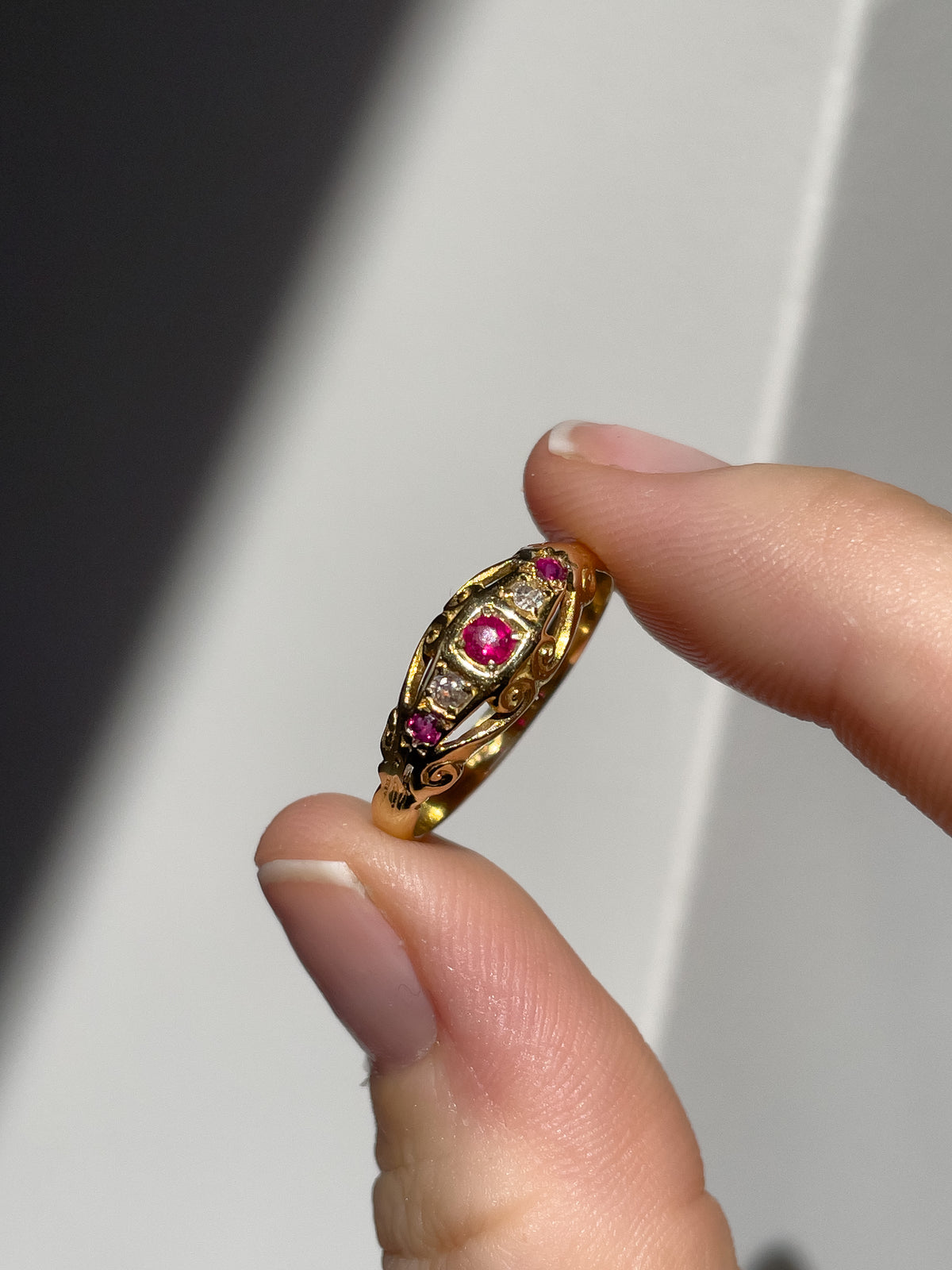 Antique ruby and diamond boat ring on 18ct gold