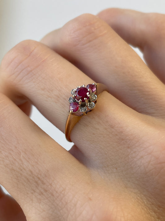 Vintage ruby and diamond trilogy ring on 9ct gold