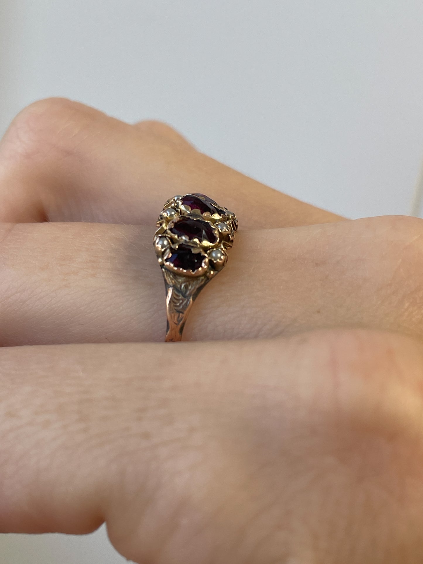 Antique rose-cut garnet and seed pearl ring on 9ct gold