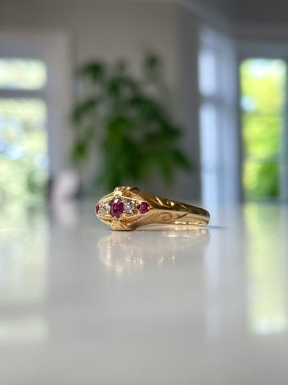 Antique ruby and diamond boat ring on 18ct gold