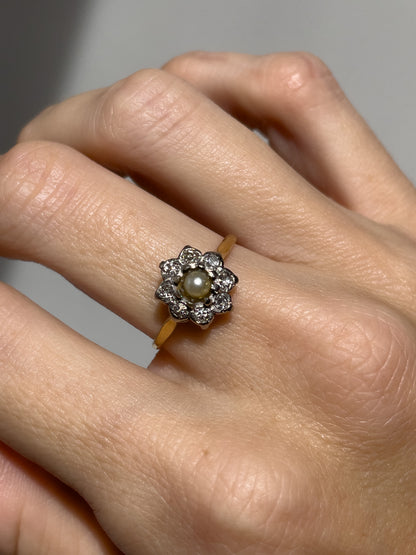 Vintage pearl and diamond flower ring on 18ct gold and platinum