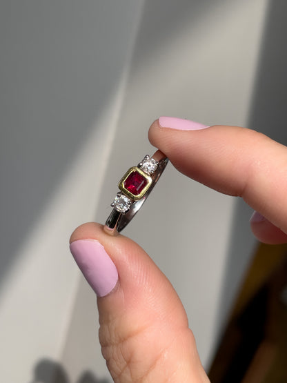 Chunky garnet and diamond trilogy ring on 18ct gold
