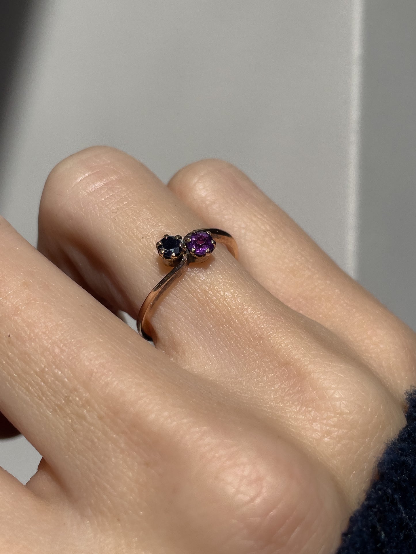 Vintage amethyst and sapphire toi et moi ring on 9ct gold
