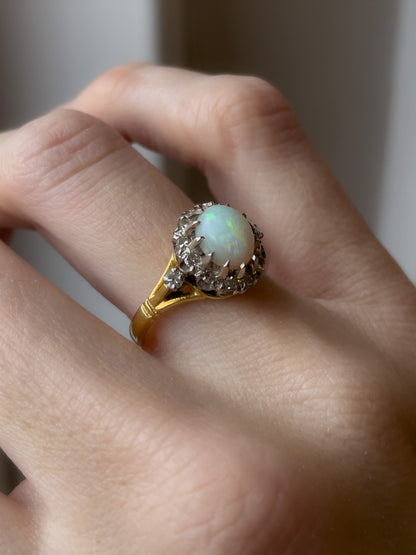 Vintage opal and diamond cluster ring on 18ct gold