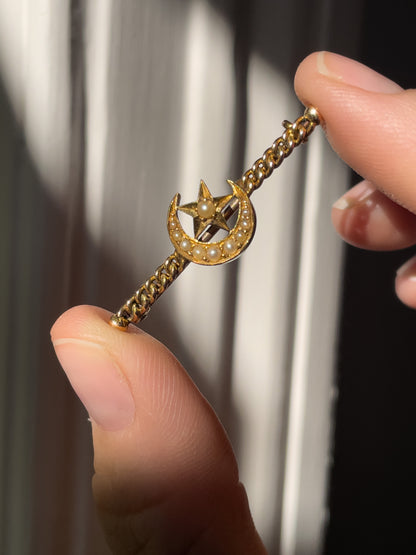Antique seed pearl star and crescent moon brooch on 15ct gold