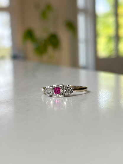 1920s created ruby and diamond trilogy ring on 9ct gold