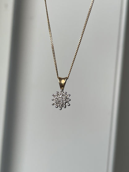 Vintage diamond cluster pendant with 9ct gold chain