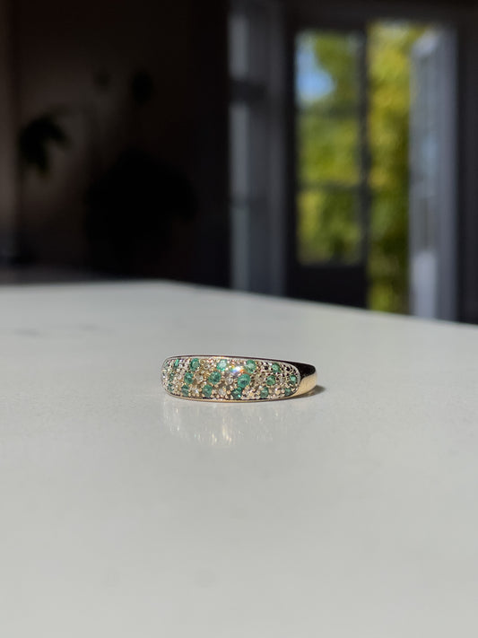 Vintage emerald and diamond band ring on 9ct gold