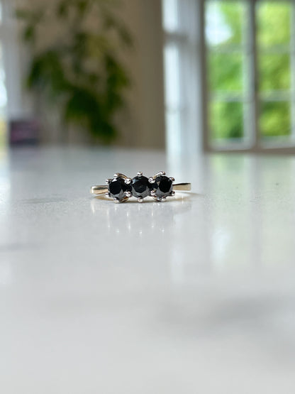 Vintage black diamond trilogy ring on 9ct gold