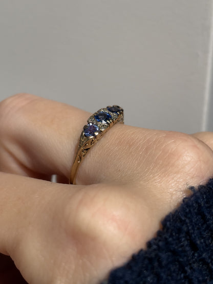 Vintage sapphire and diamond boat ring on 9ct gold
